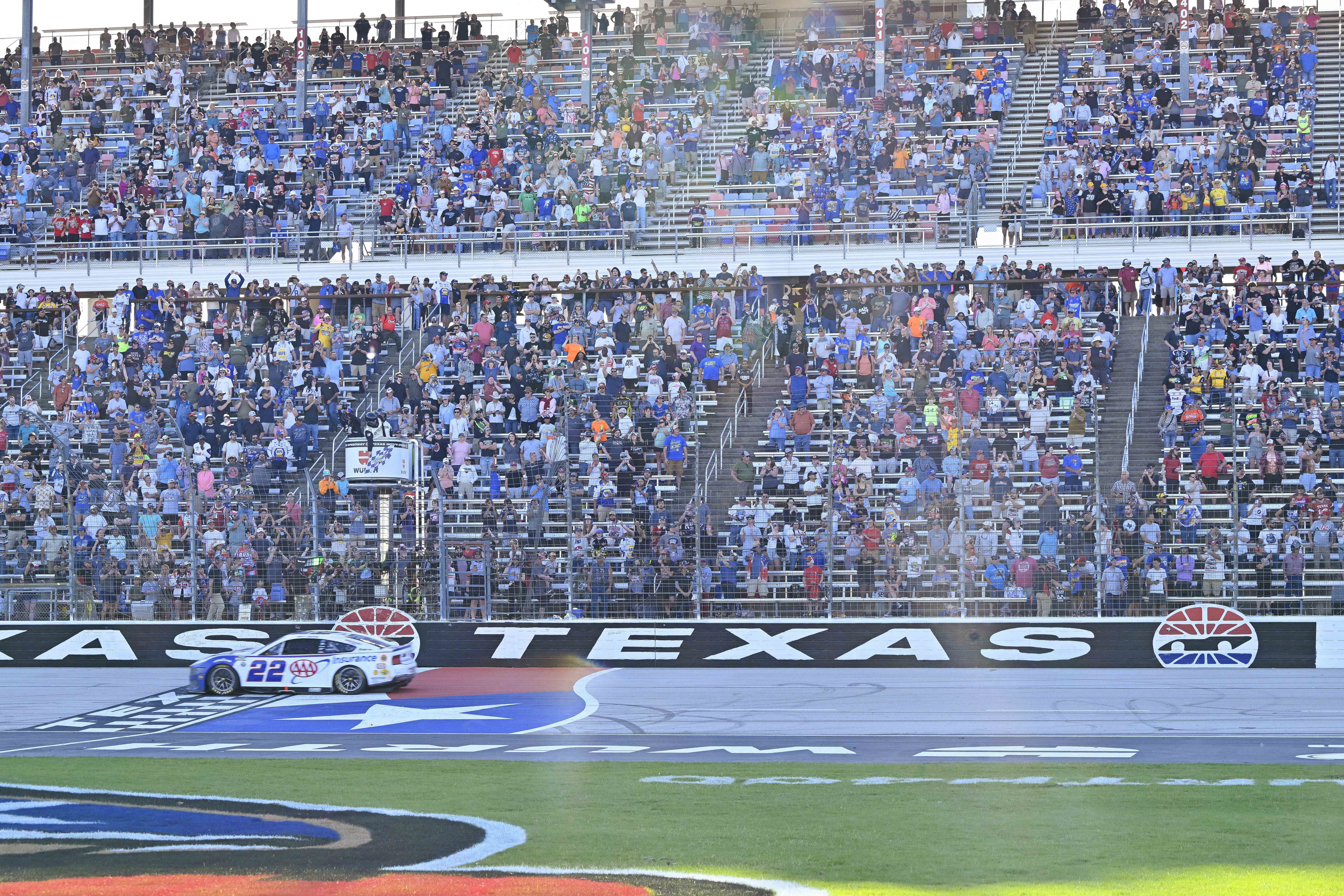 NASCAR Cup Series driver Joey Logano (22) crosses the finish line to win the Wurth 400 race at Texas Motor Speedway- Source: Imagn